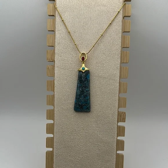 Blue Agate Triangle/Rectangle Pendant Necklace - Picture 2 of 8